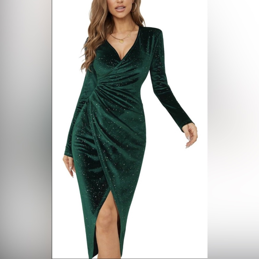 Double Crazy| Elegant Deep Forest Green Velvet Sparkly Gorgeous Evening Dress, M